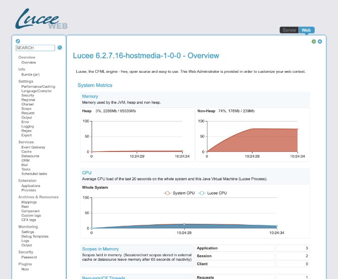 The Lucee web administrator, showing data source and mapping settings